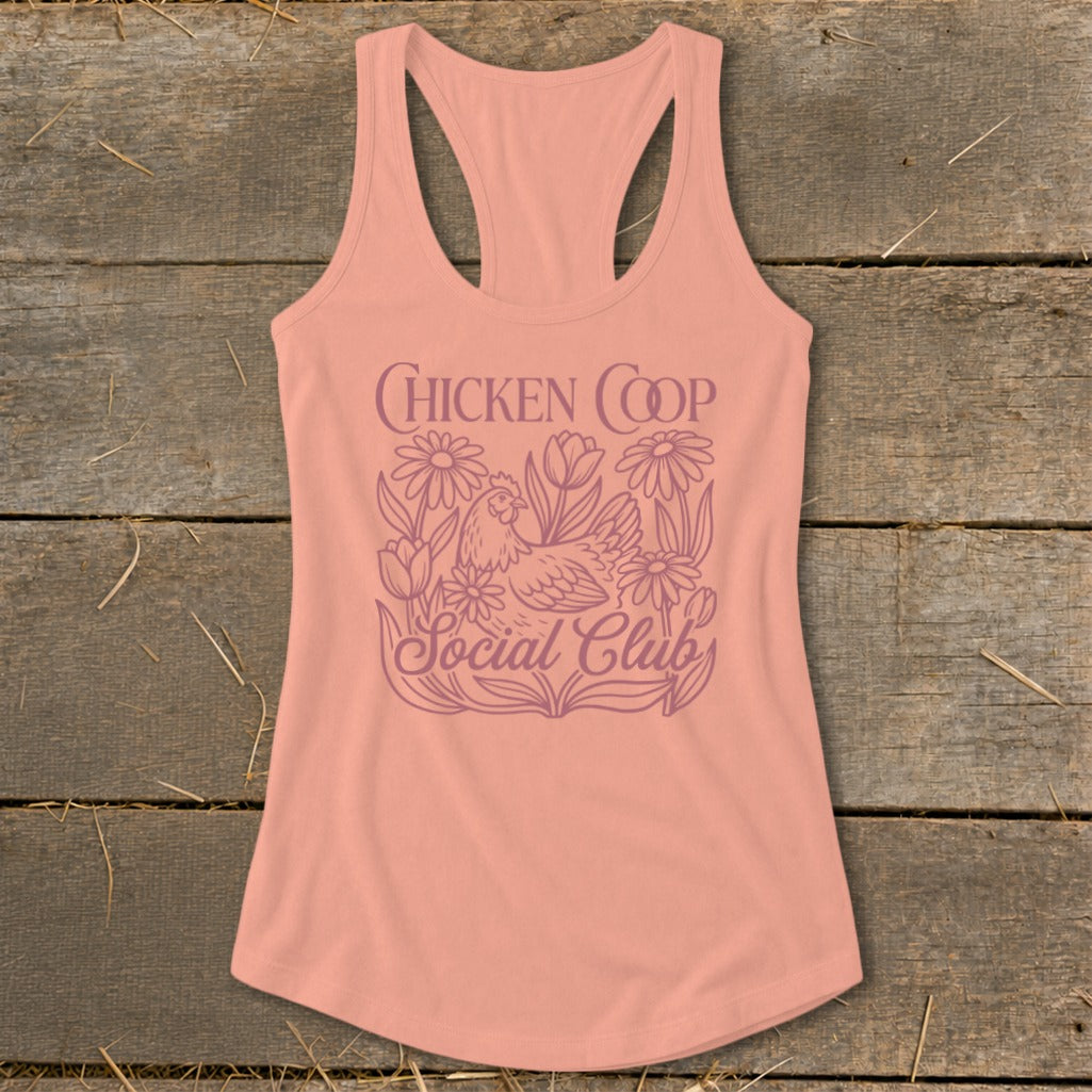 Peach tank top with "Chicken Coop Social Club" text and chicken illustration.