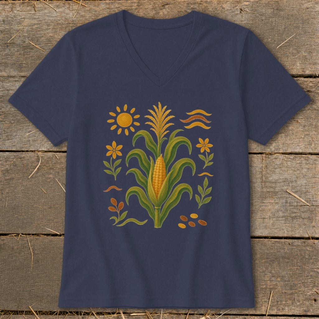Navy v-neck t-shirt with corn stalks, sun, flowers, and kernels design.