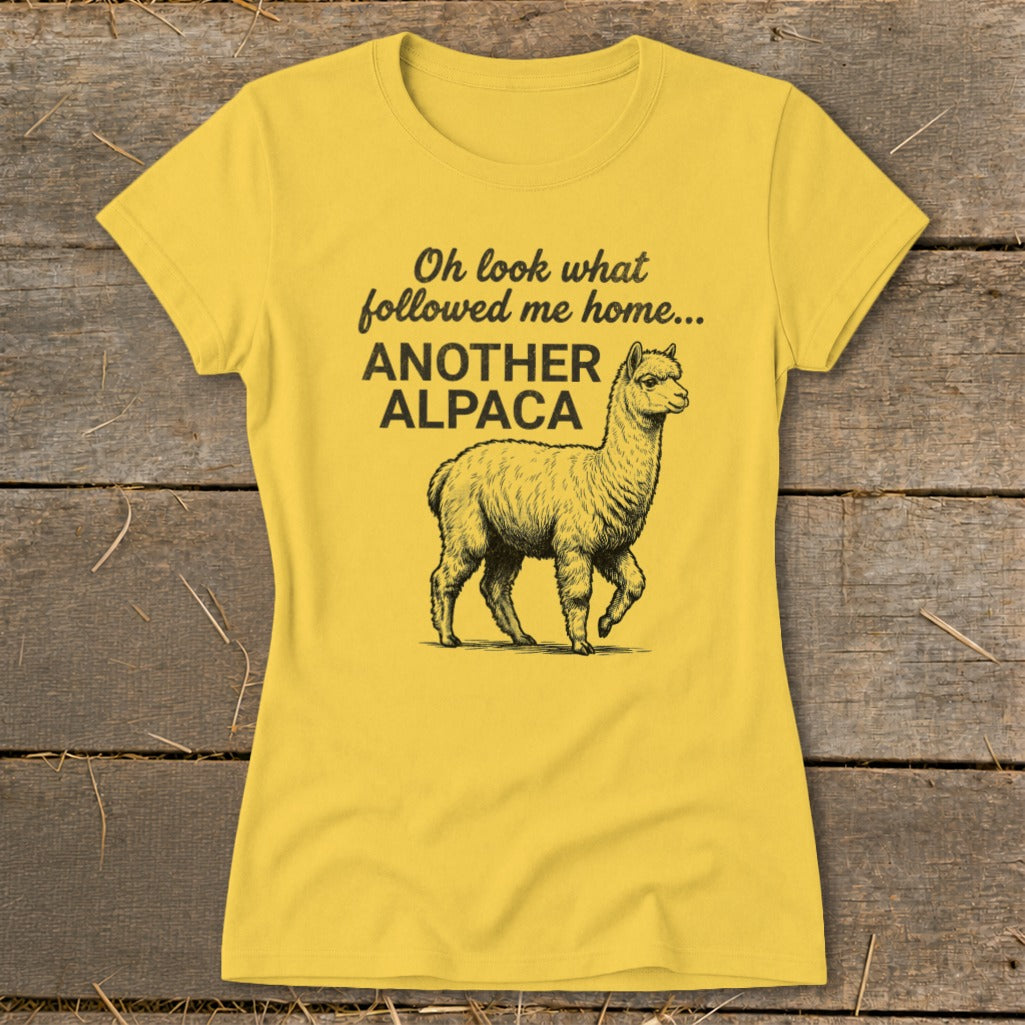 Yellow t-shirt with "Another Alpaca" text and a line drawing of an alpaca.