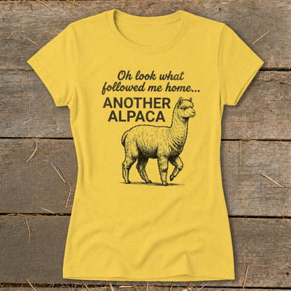 Yellow t-shirt with "Another Alpaca" text and a line drawing of an alpaca.