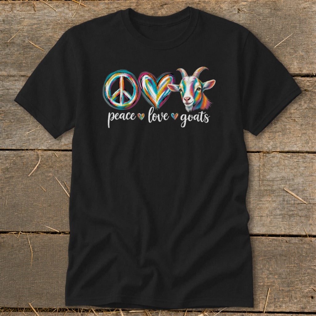 Black t-shirt with "Peace Love Goats" graphic and colorful goat illustration.