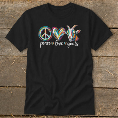 Black t-shirt with "Peace Love Goats" graphic and colorful goat illustration.