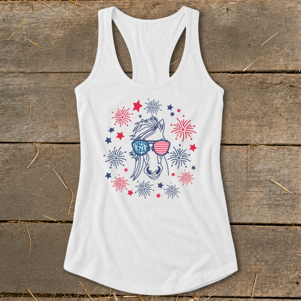 White tank top with horse wearing American flag sunglasses and fireworks design.
