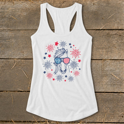 White tank top with horse wearing American flag sunglasses and fireworks design.