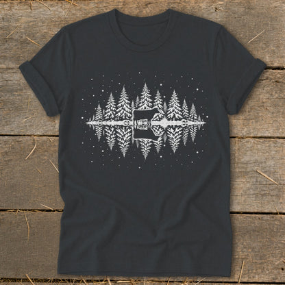 Dark grey t-shirt with white graphic of pine trees and a bear reflected in water.