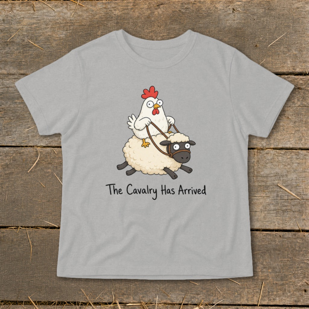 Cartoon chicken riding a sheep with text "The Cavalry Has Arrived".
