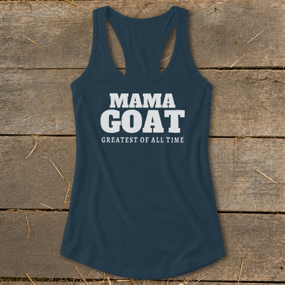 Navy tank top with "MAMA GOAT GREATEST OF ALL TIME" text.