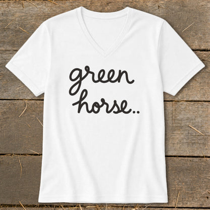 White V-neck t-shirt with "green horse..." in black script text.