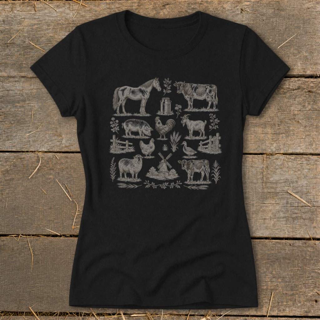 Black t-shirt with a vintage farm animal illustration collage.