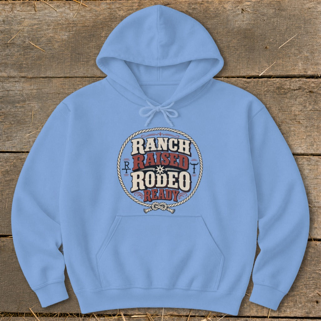 Light blue hoodie with "Ranch Raised Rodeo Ready" text in a circular design.