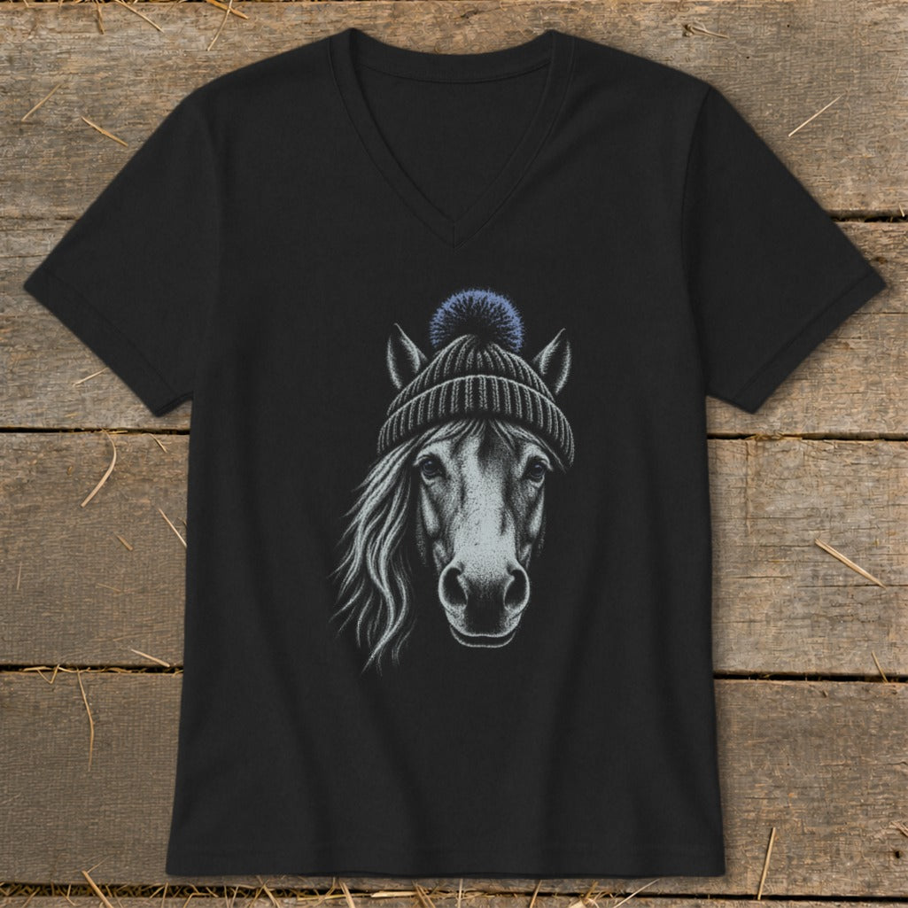 Black v-neck t-shirt with a charcoal sketch of a horse wearing a beanie.