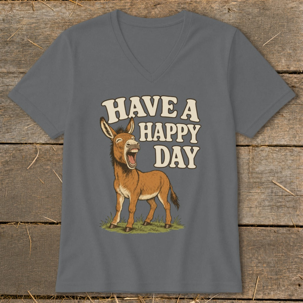 Gray v-neck t-shirt with a cartoon donkey and the text "HAVE A HAPPY DAY".