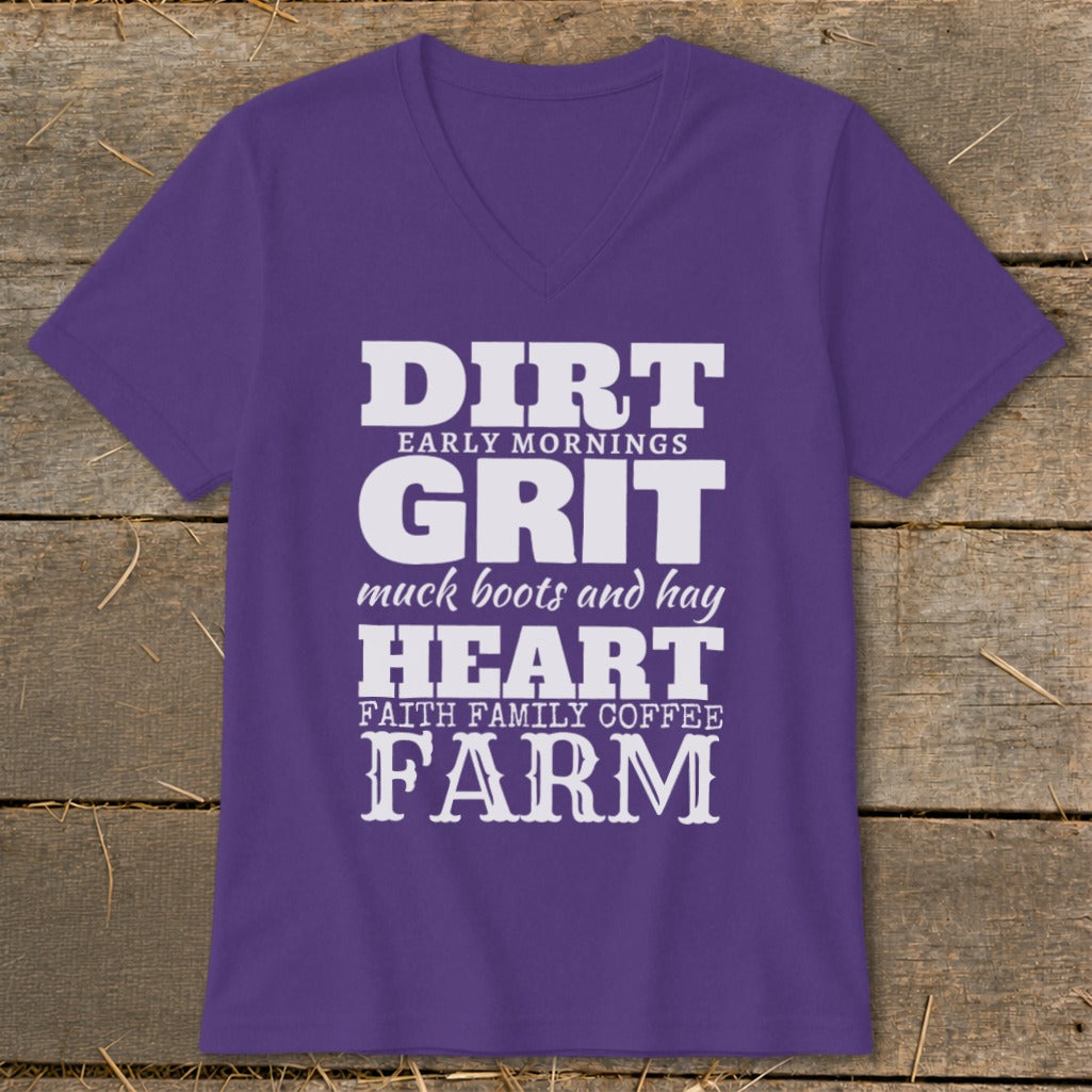 Purple v-neck t-shirt with white text about farm life.