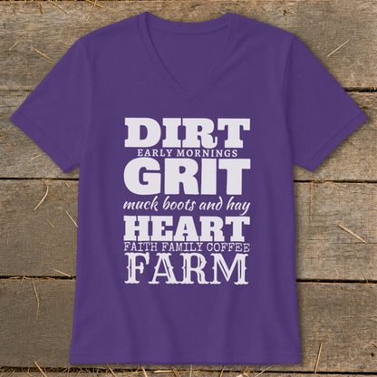 Purple v-neck t-shirt with white text about farm life.