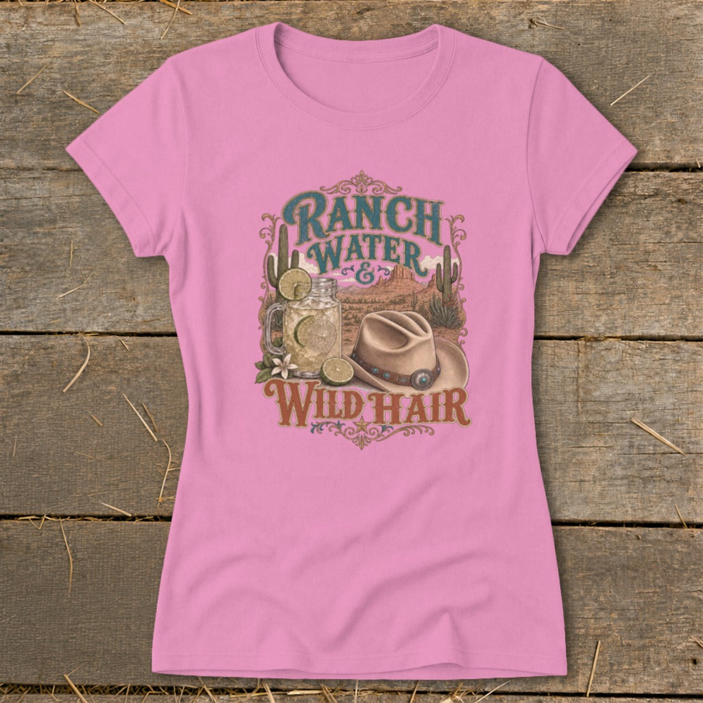Pink t-shirt with "Ranch Water & Wild Hair" graphic featuring a cowboy hat and drink.