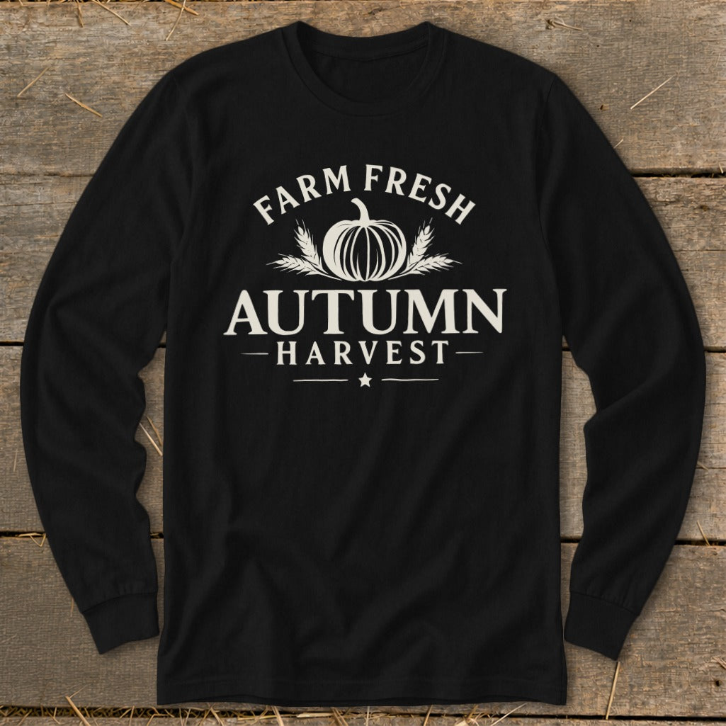 Black long-sleeve shirt with "Farm Fresh Autumn Harvest" text and pumpkin graphic.