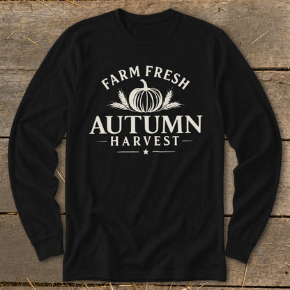 Black long-sleeve shirt with "Farm Fresh Autumn Harvest" text and pumpkin graphic.