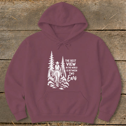 Maroon hooded sweatshirt with a white graphic of a horseback rider and text reading "The Best View in the World is Between Two Ears".
