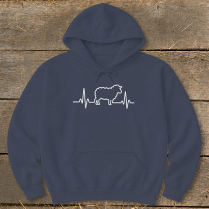 Dark blue hoodie featuring a white graphic of a sheep integrated into a heartbeat line.