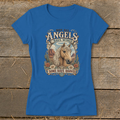 Blue t-shirt with graphic: "Not All Angels Have Wings, Some Have Hooves" and horse portrait.