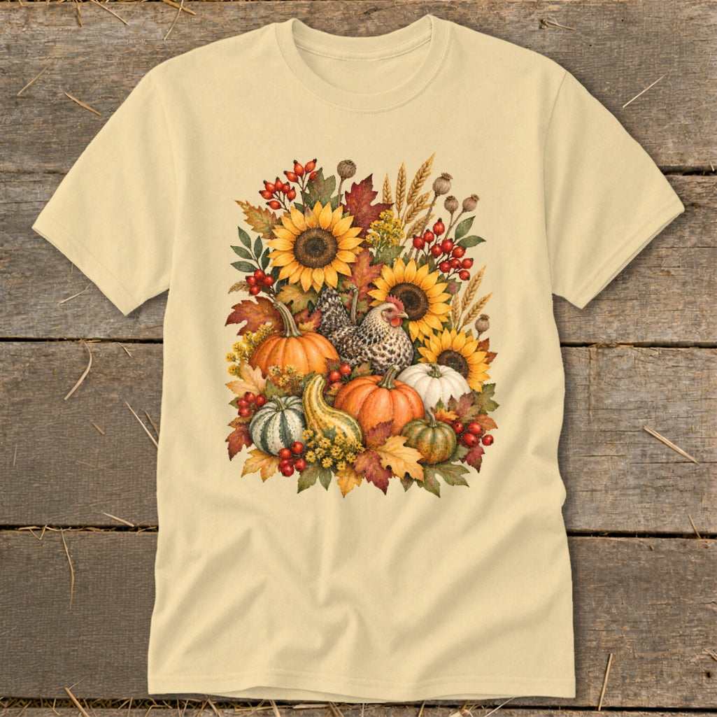 Light yellow t-shirt with a watercolor fall harvest illustration of pumpkins, sunflowers, and a hen.