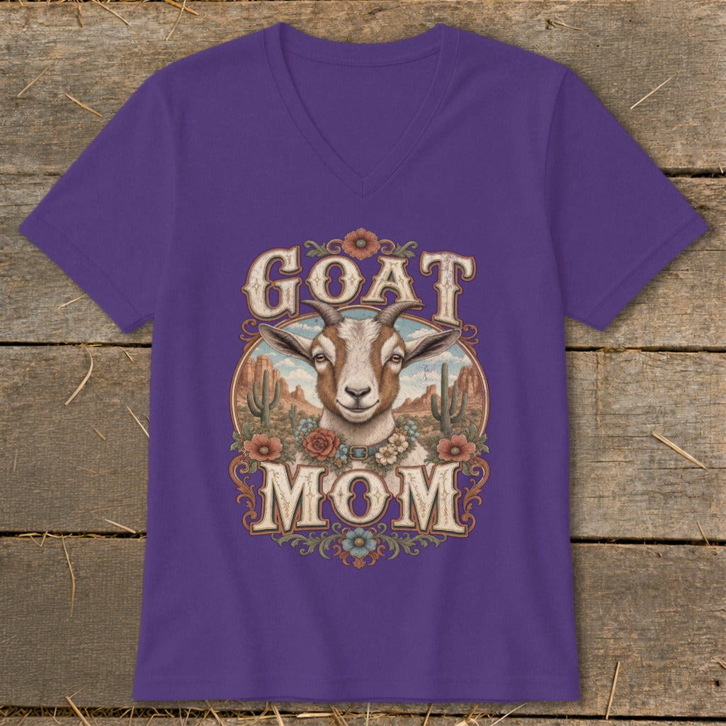 Purple v-neck t-shirt with "Goat Mom" text and goat illustration.