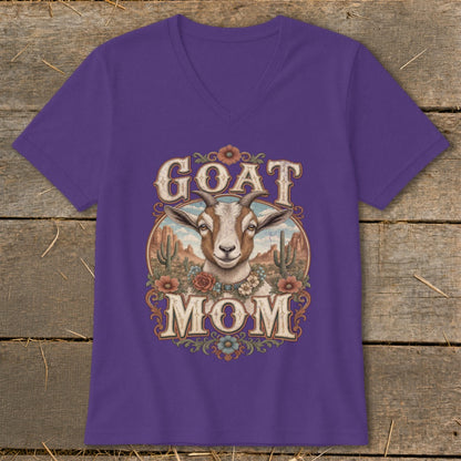 Purple v-neck t-shirt with "Goat Mom" text and goat illustration.