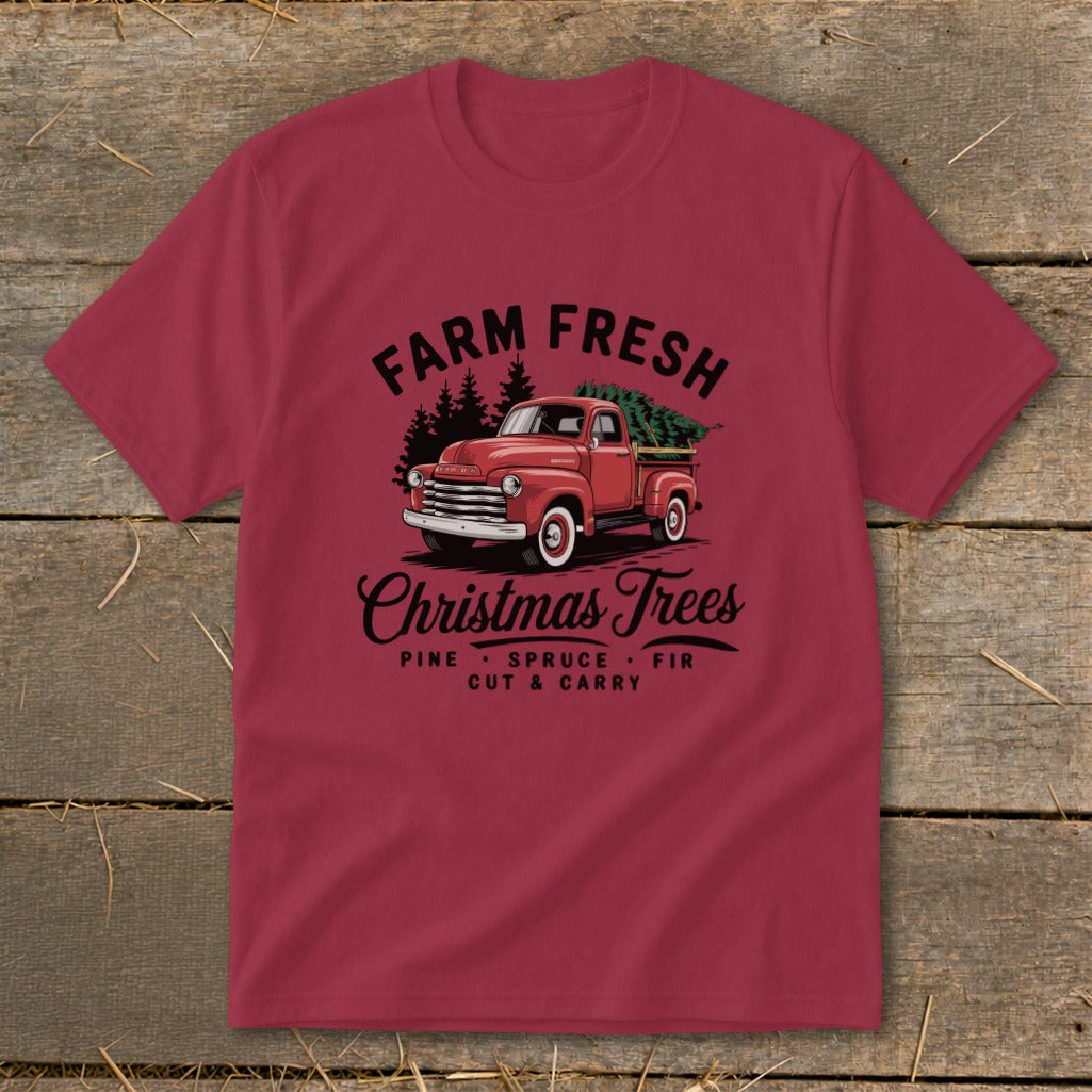 Red vintage truck with Christmas trees and "Farm Fresh Christmas Trees" text.