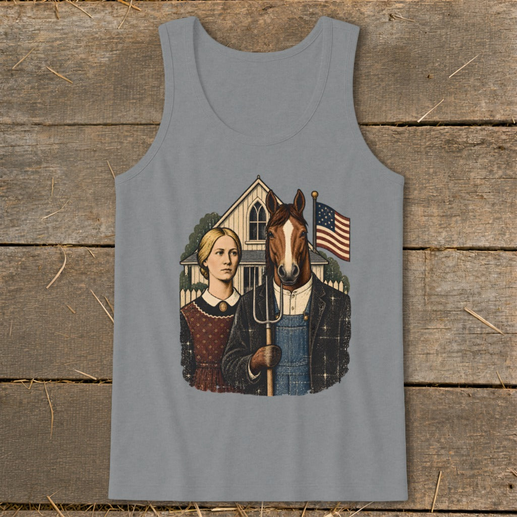 A gray tank top featuring a parody of American Gothic with a horse holding a pitchfork.
