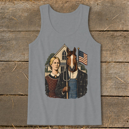 A gray tank top featuring a parody of American Gothic with a horse holding a pitchfork.