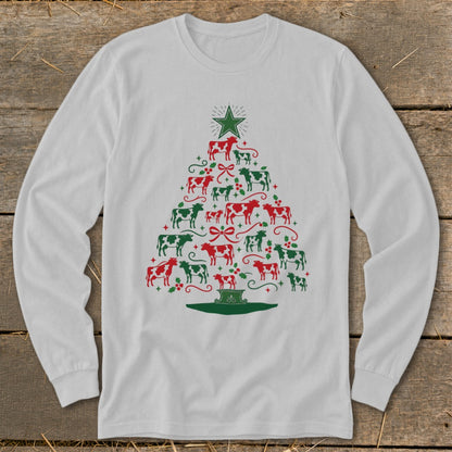 White long-sleeved shirt with a Christmas tree made of red and green cows.