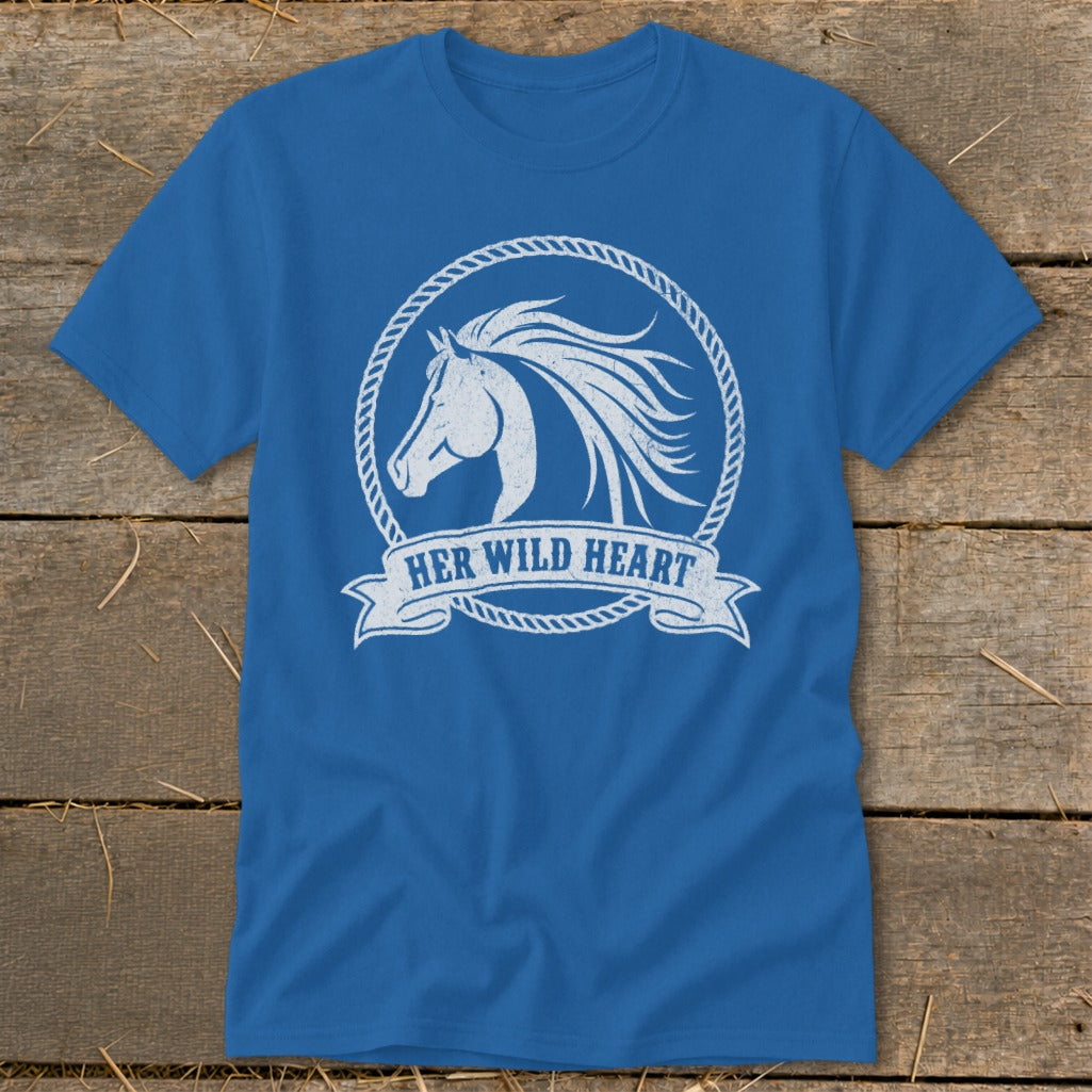Blue t-shirt with white graphic of a horse head and "HER WILD HEART" text.