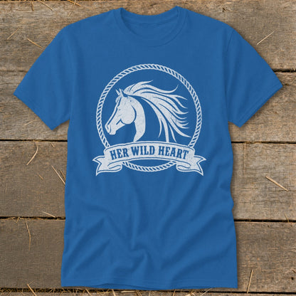 Blue t-shirt with white graphic of a horse head and "HER WILD HEART" text.