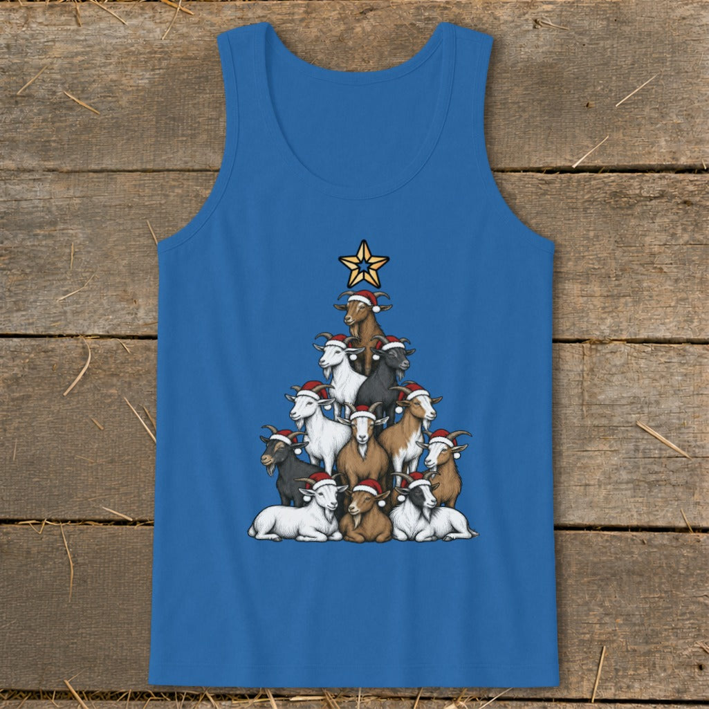 Goats in Santa hats stacked in a Christmas tree shape with a star on top.