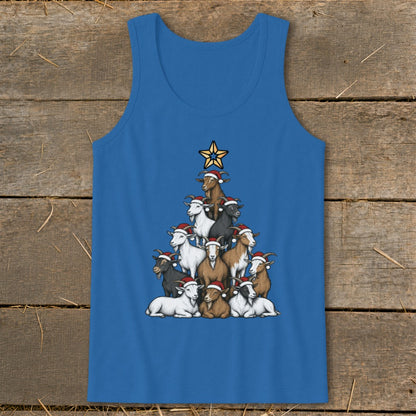 Goats in Santa hats stacked in a Christmas tree shape with a star on top.