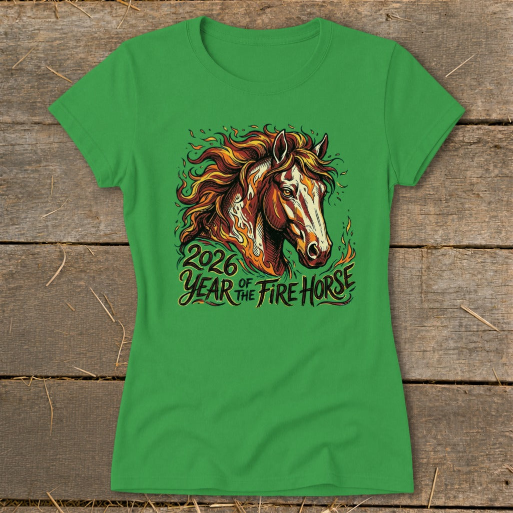 Green t-shirt with "2026 Year of the Fire Horse" graphic featuring a horse with fiery mane.