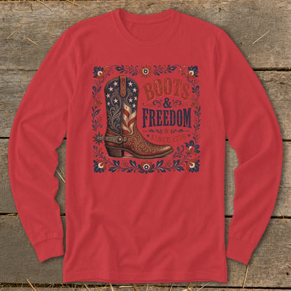 Red long-sleeve shirt with "Boots & Freedom Since 1776" graphic featuring a cowboy boot.