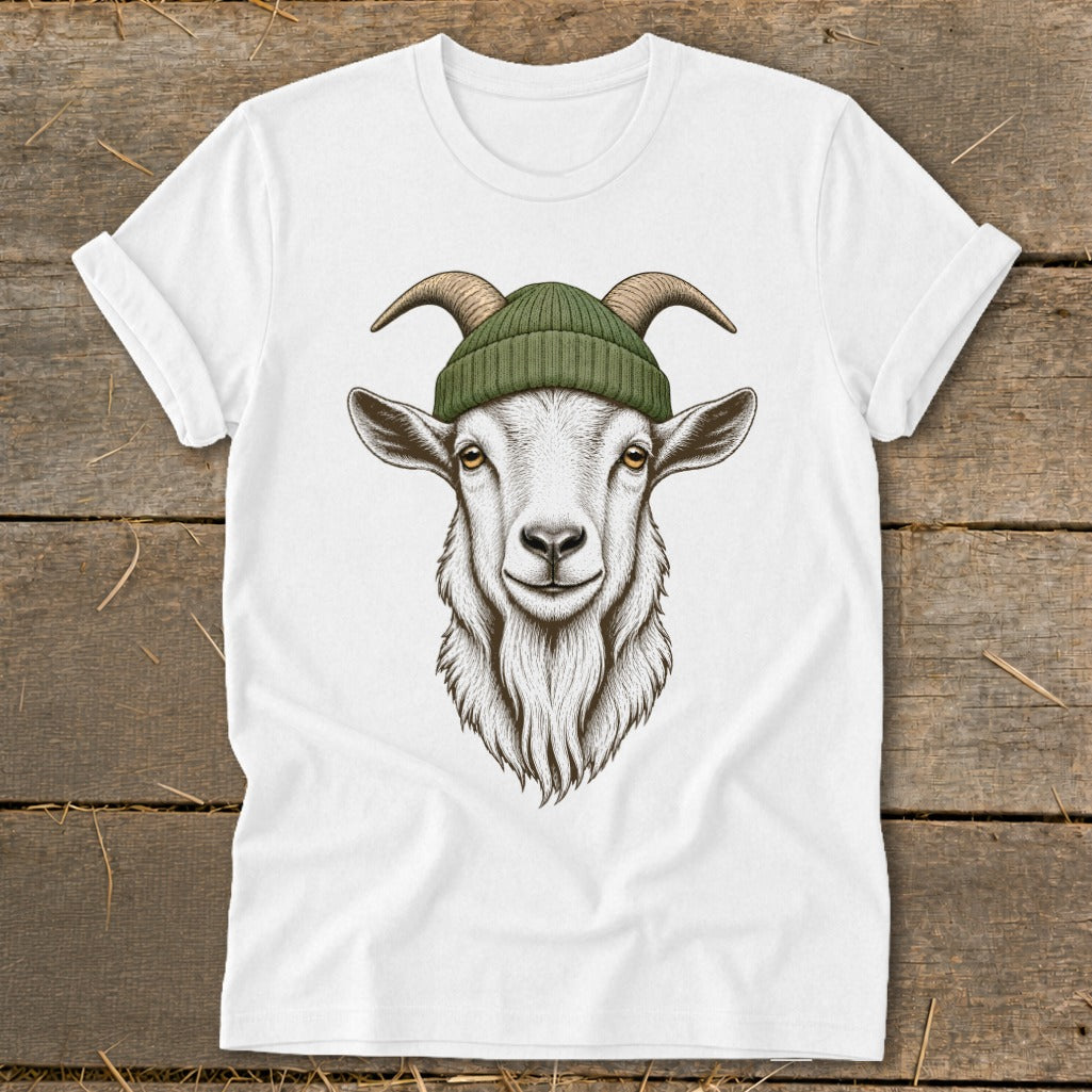 White t-shirt with a detailed illustration of a goat wearing a green beanie.
