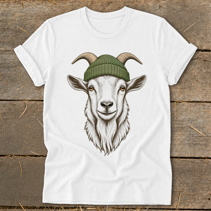 White t-shirt with a detailed illustration of a goat wearing a green beanie.