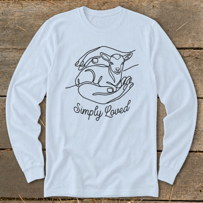 Light blue long sleeve shirt with a line drawing of a lamb in hands and "Simply Loved" text.