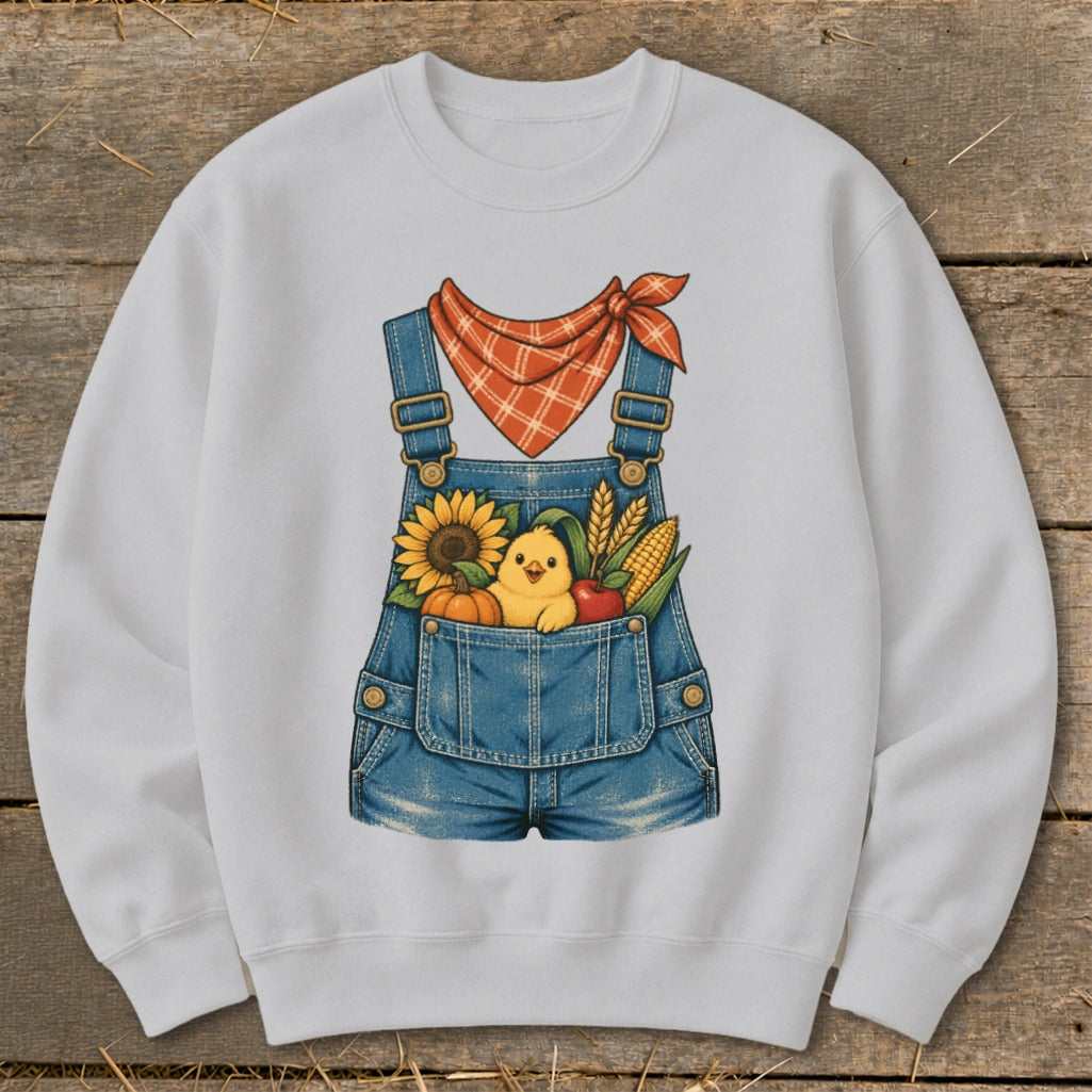 Light gray sweatshirt with a denim overalls graphic featuring a chick and fall harvest items.