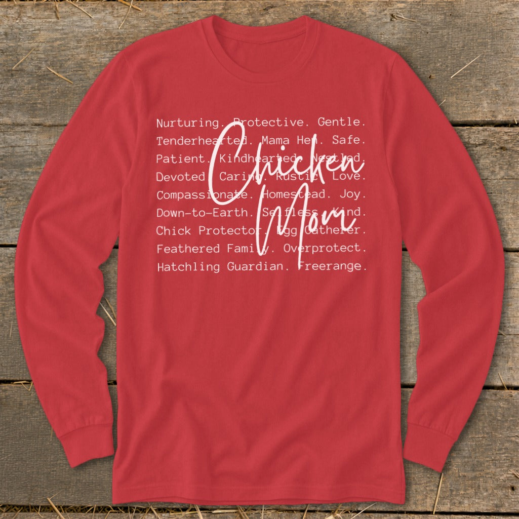 Red long-sleeve shirt with "Chicken Mom" and descriptive words in white.