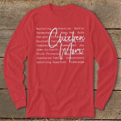 Red long-sleeve shirt with "Chicken Mom" and descriptive words in white.