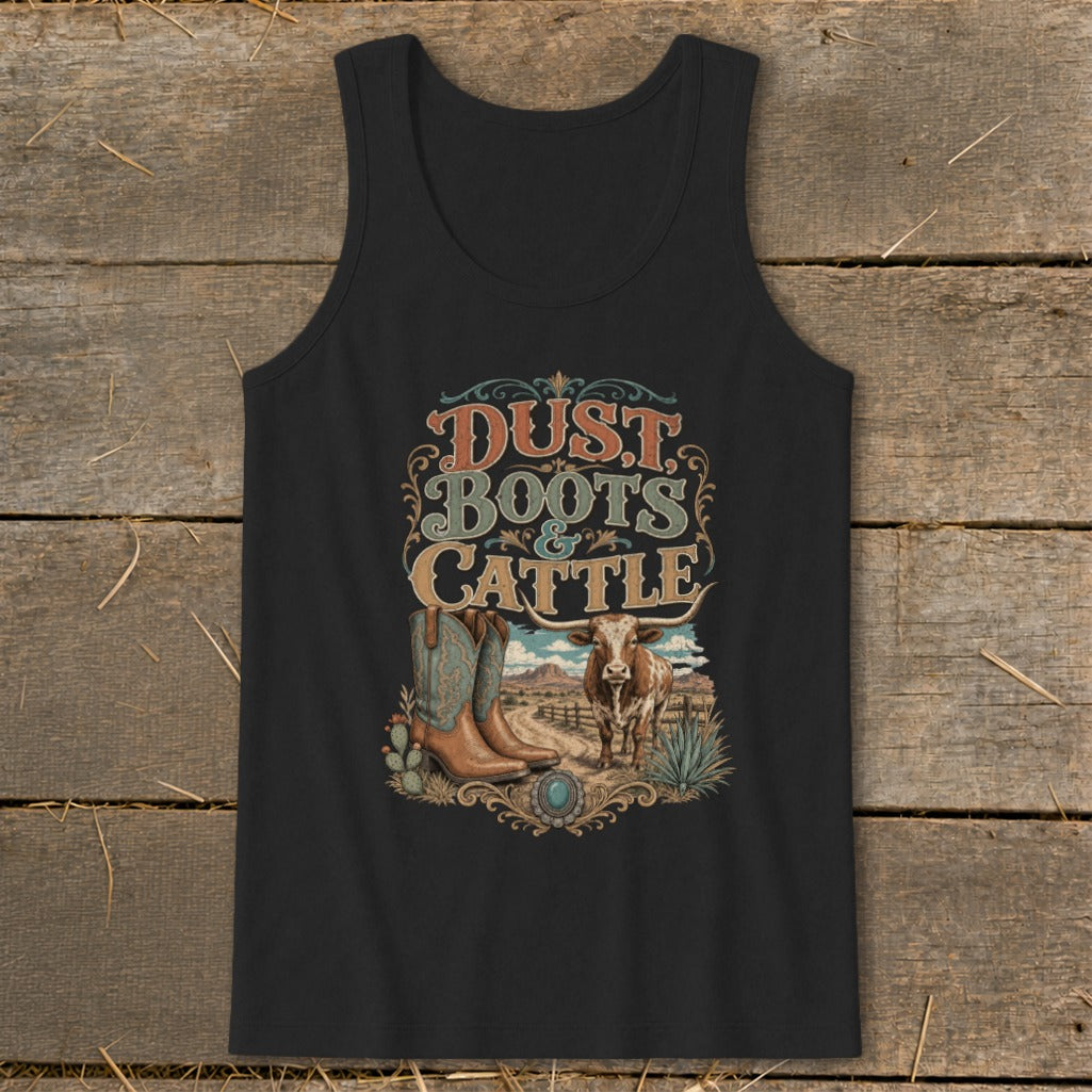 Black tank top with "Dust, Boots & Cattle" graphic featuring cowboy boots and a longhorn steer.