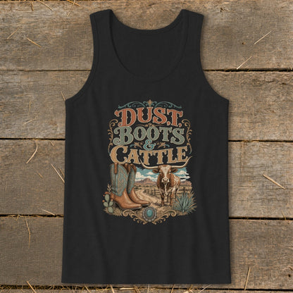 Black tank top with "Dust, Boots & Cattle" graphic featuring cowboy boots and a longhorn steer.