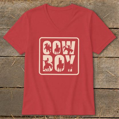 Red v-neck t-shirt with "COW BOY" text and cowboy silhouettes in a rectangular frame.
