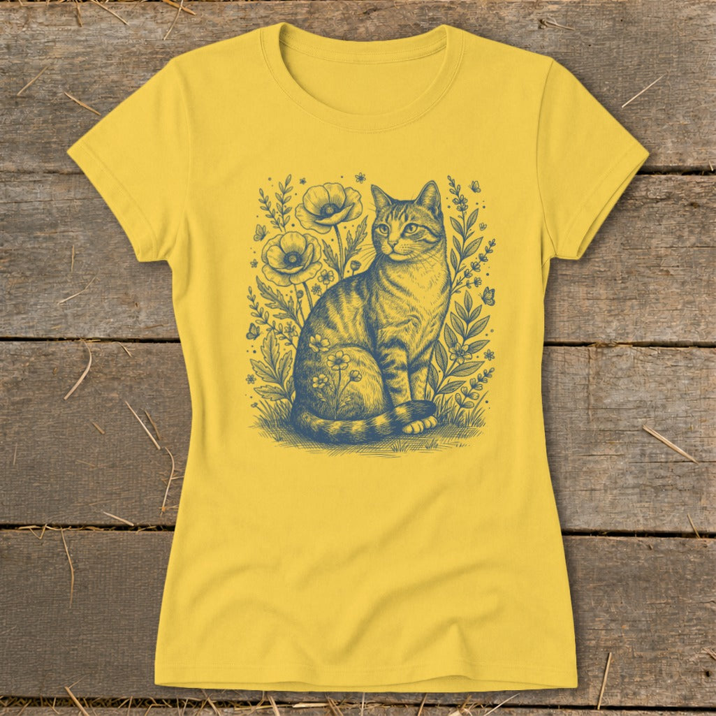 Yellow t-shirt with a blue ink drawing of a tabby cat sitting among poppies and butterflies.