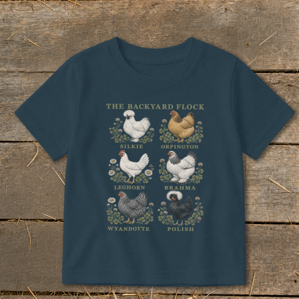 The Backyard Flock t-shirt design features six chicken breeds with their names.