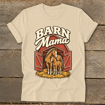 Barn Mama graphic with horses in front of an open red barn.