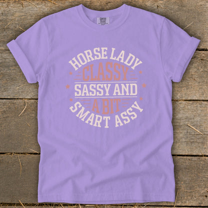 Purple t-shirt with text "Horse Lady Classy Sassy and a bit smart assy".